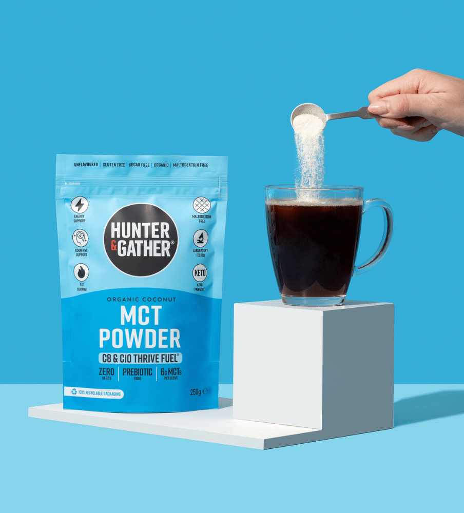 Thrive Fuel® C8 & C10 MCT Powder and coffee