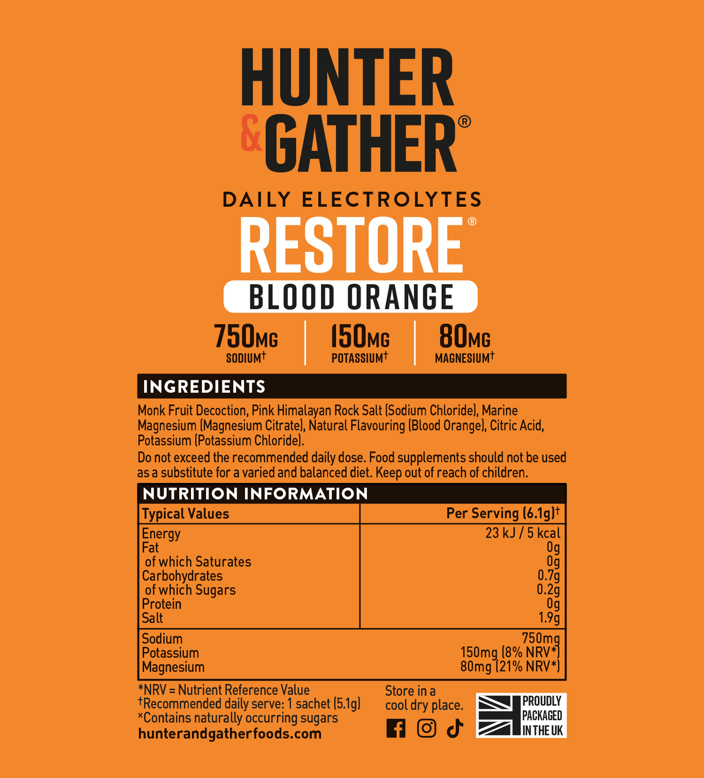 Hunter & Gather Daily Electrolytes Restore Blood Orange supplement label on an orange background