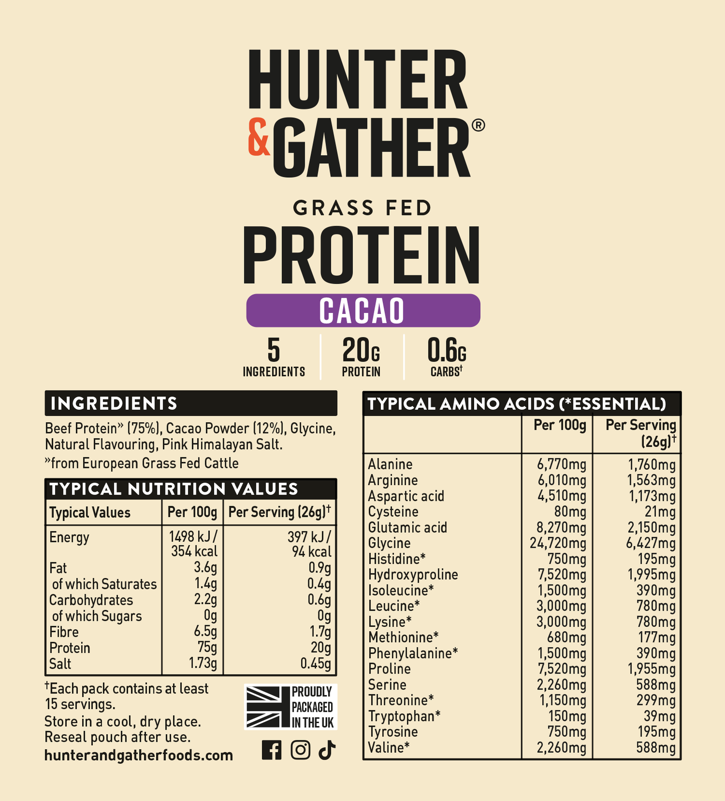 Hunter & Gather Grass Fed Protein Cacao label with nutritional information and ingredients.