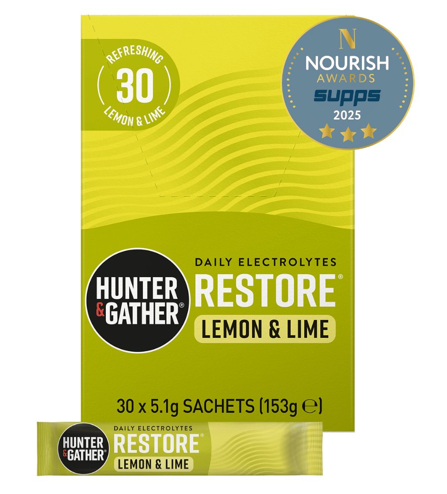 Hunter & Gather Restore Lemon & Lime electrolyte package with an award badge on a green background