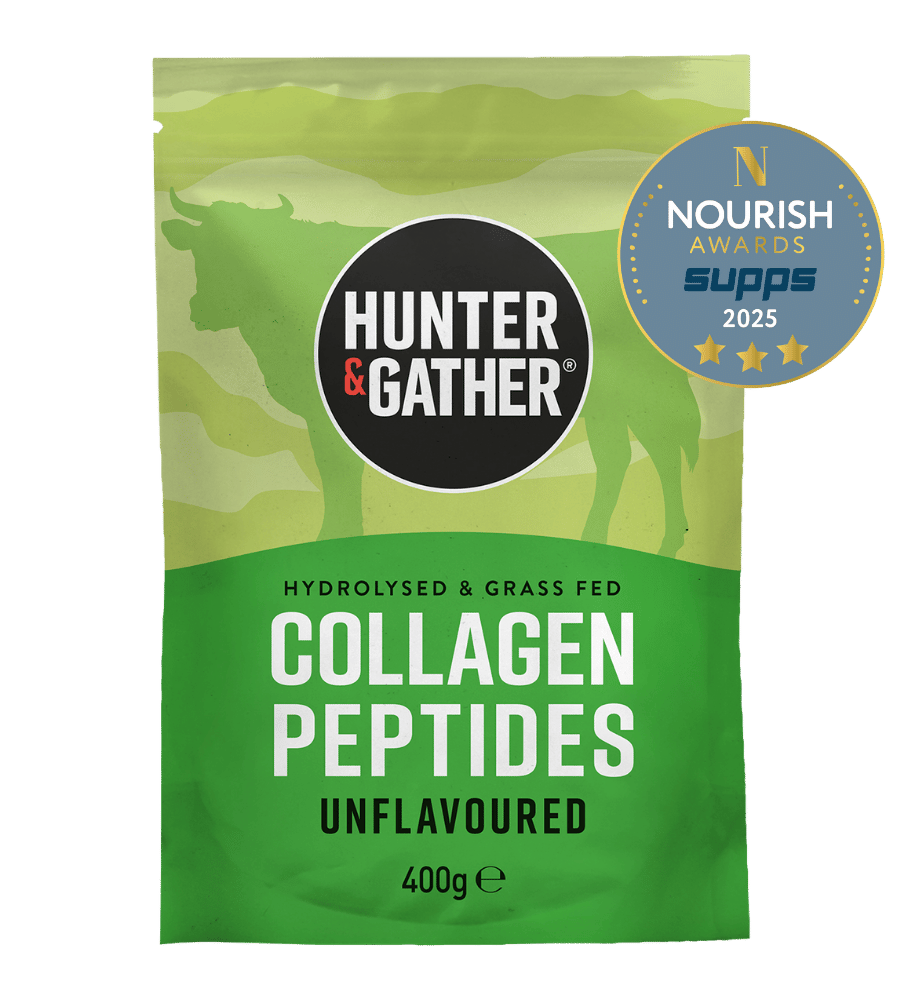 Green package of Hunter & Gather collagen peptides with a Nourish Awards badge on a green background