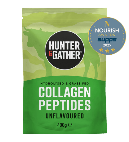 Green package of Hunter & Gather collagen peptides with a Nourish Awards badge on a green background