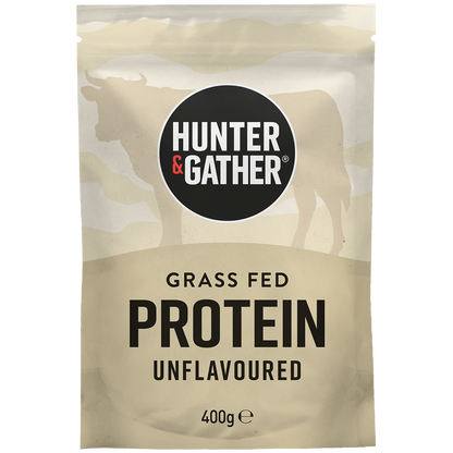 Hunter & Gather grass fed protein package on a white background