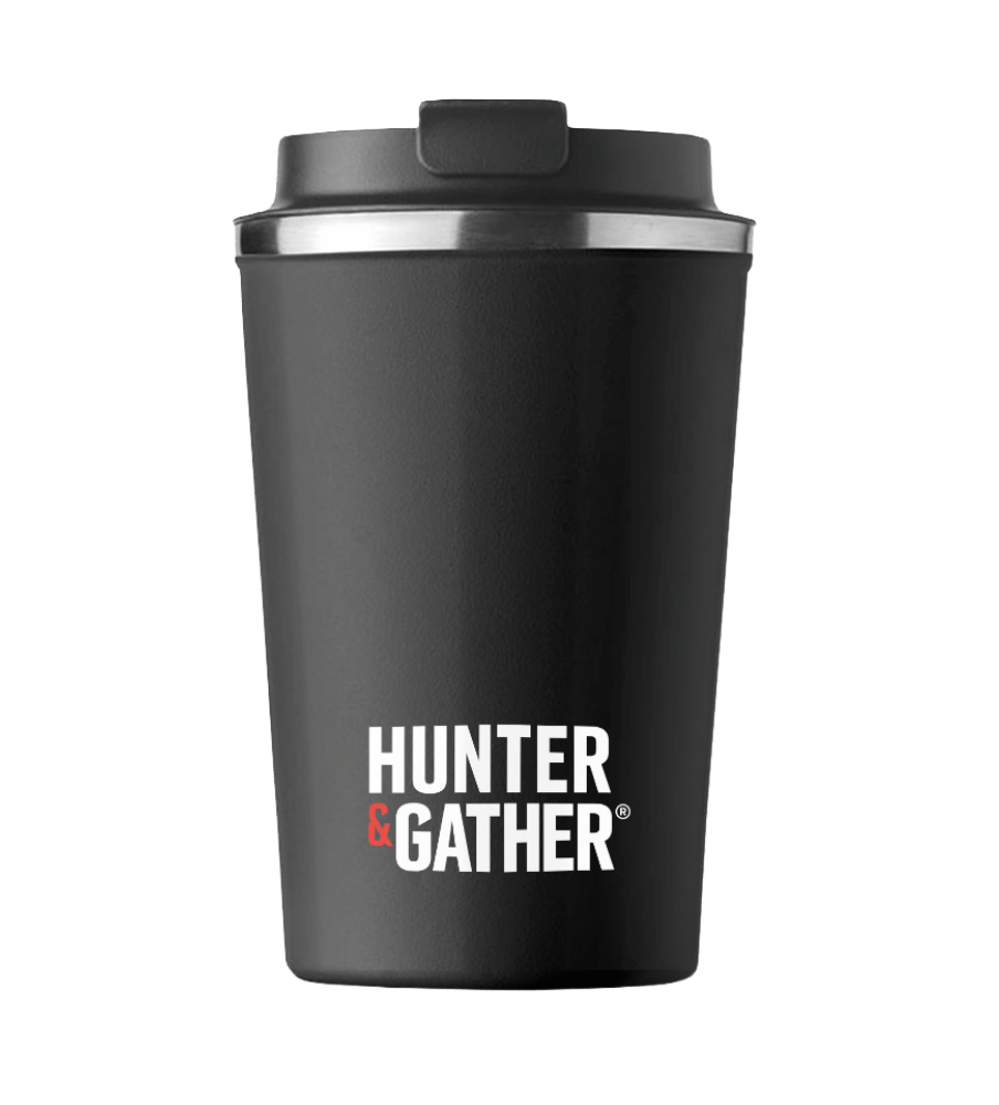 Black travel mug with 'Hunter & Gather' logo on a transparent background