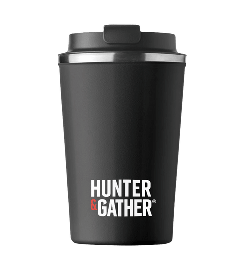 Black travel mug with 'Hunter & Gather' logo on a transparent background