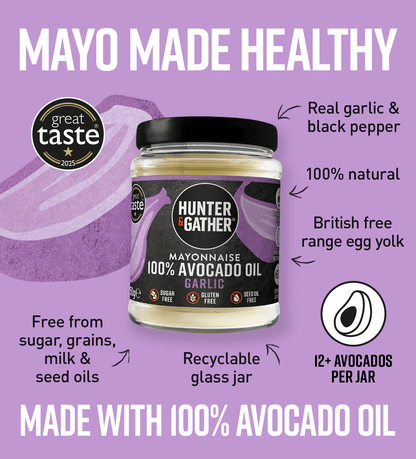 gb-en,eu-en | Garlic Avocado Oil Mayonnaise Infographic Hunter & Gather avocado oil mayonnaise jar with purple background and branding elements.