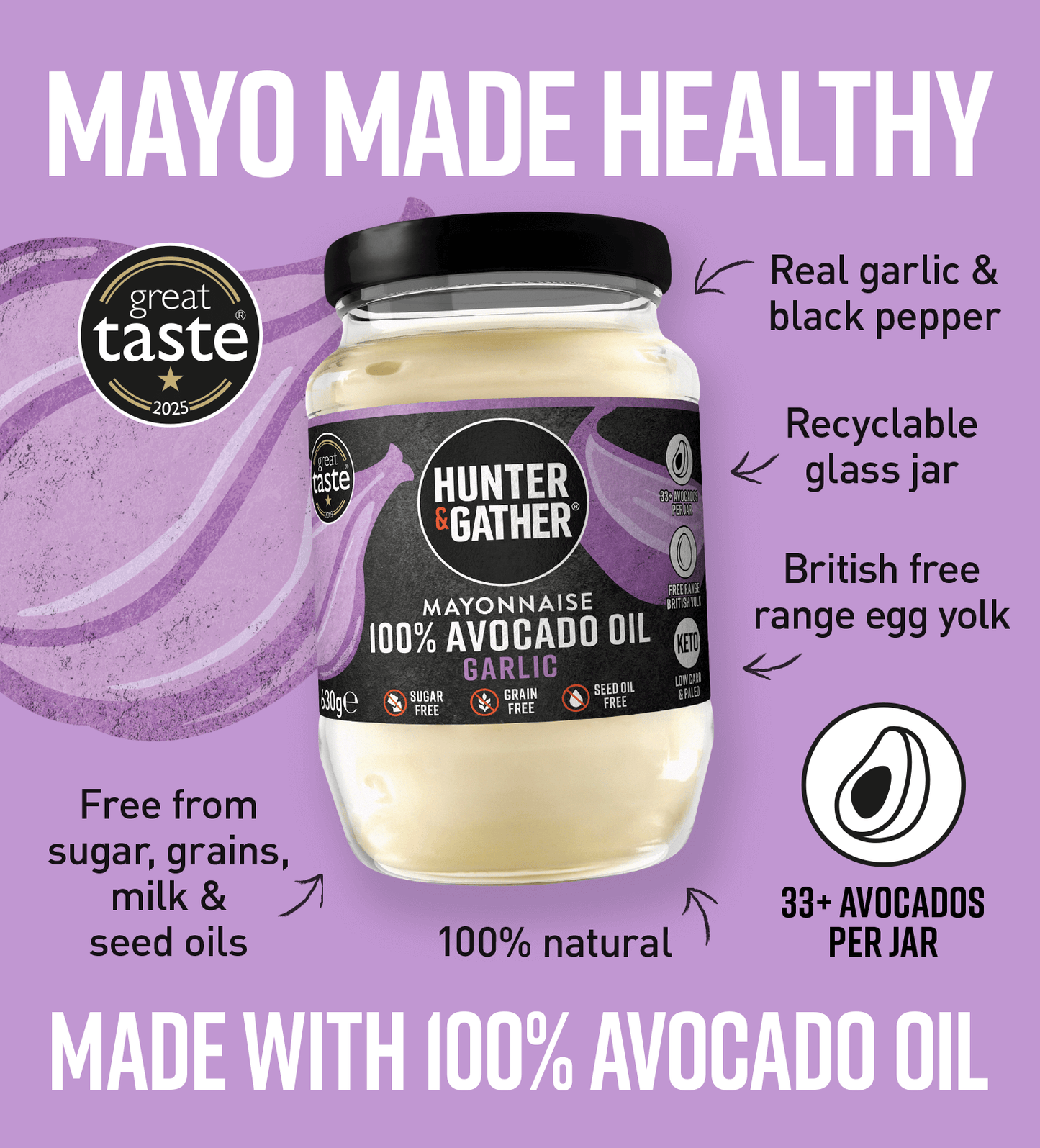 gb-en,eu-en | Garlic Avocado Oil Mayonnaise InfographicJar of Hunter & Gather mayonnaise with purple background and text highlighting health benefits