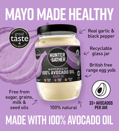 gb-en,eu-en | Garlic Avocado Oil Mayonnaise InfographicJar of Hunter & Gather mayonnaise with purple background and text highlighting health benefits