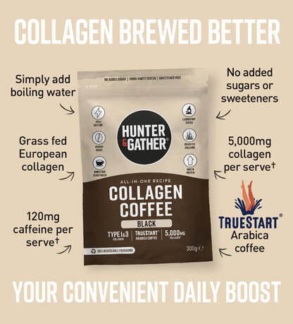 Hunter & Gather Collagen Coffee package with product details on a beige background
