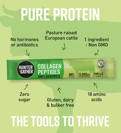 gb-en,eu-en | Hunter & Gather collagen peptides packaging with green background and text highlighting features.