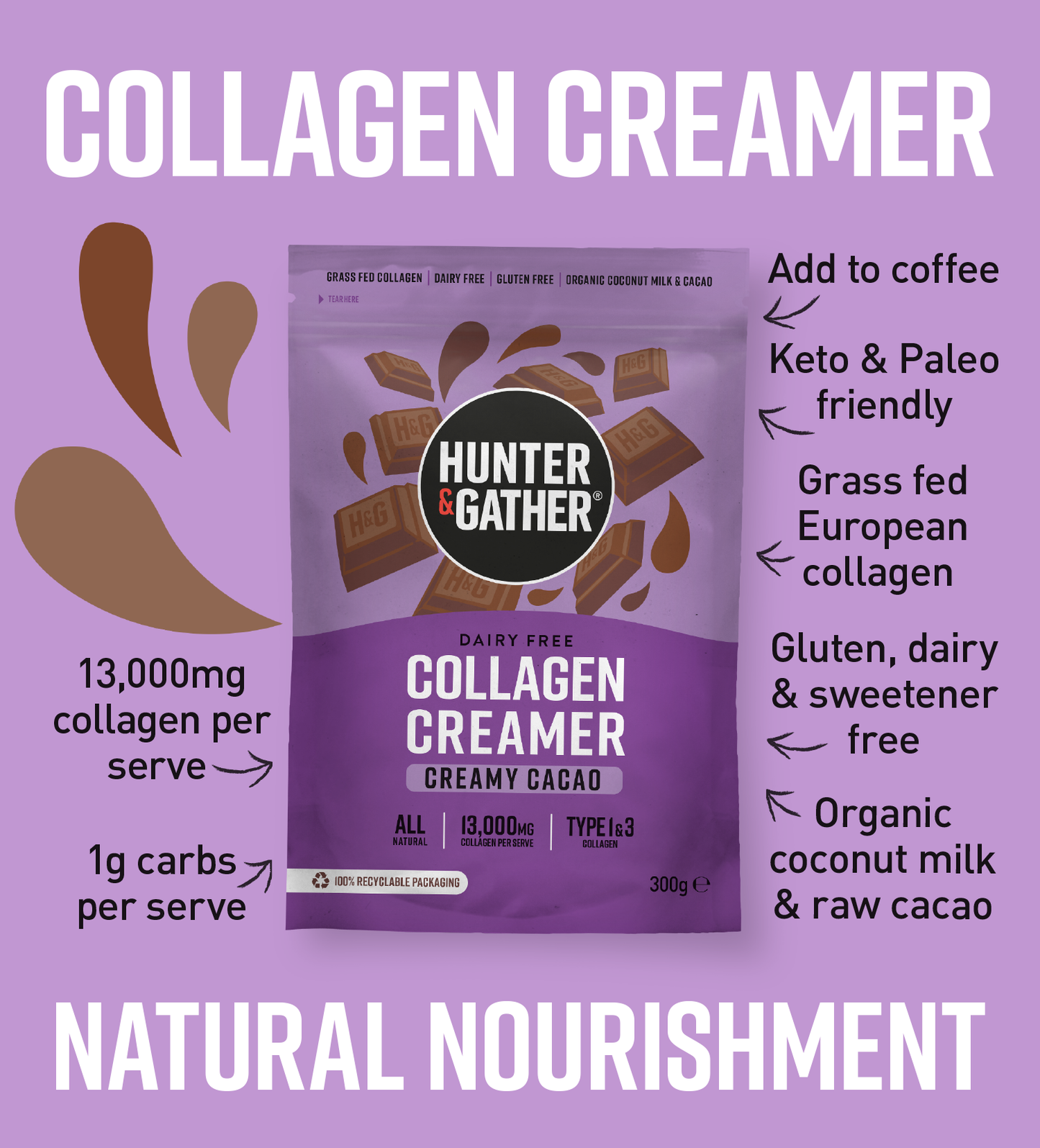 gb-en,eu-en | Hunter & Gather Collagen Creamer package on a purple background with text highlighting features.