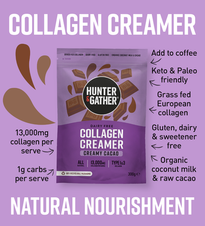 gb-en,eu-en | Hunter & Gather Collagen Creamer package on a purple background with text highlighting features.