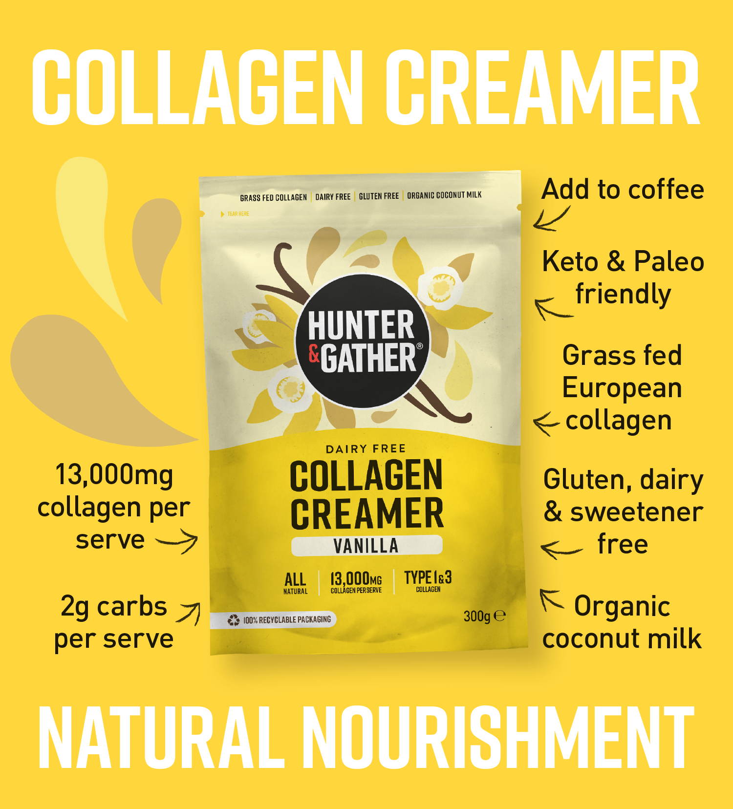gb-en,eu-en | Hunter & Gather Collagen Creamer package on a yellow background with text highlighting features.
