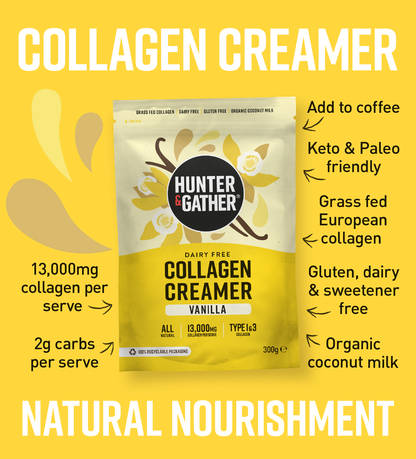 gb-en,eu-en | Hunter & Gather Collagen Creamer package on a yellow background with text highlighting features.