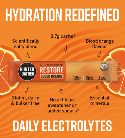 gb-en,eu-en | Hunter & Gather Restore Daily Electrolytes bar with blood orange flavor on an orange background