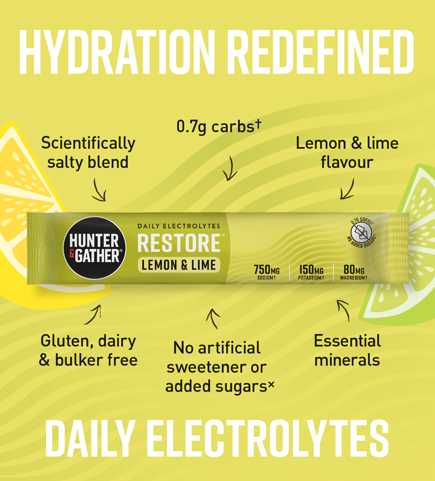 gb-en,eu-en | Hunter & Gather Restore Lemon & Lime daily electrolytes package on a yellow background with lemon and lime graphics.