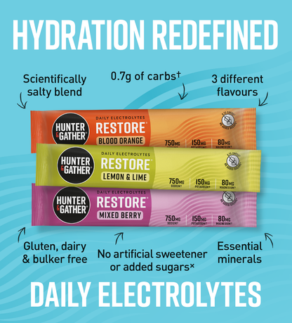 gb-en,eu-en | Three Hunter Gather electrolyte powder packets on a blue background with text highlighting features.