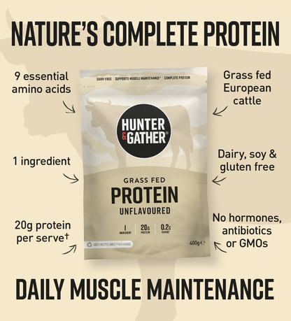 Hunter & Gather protein package with text highlighting features on a beige background
