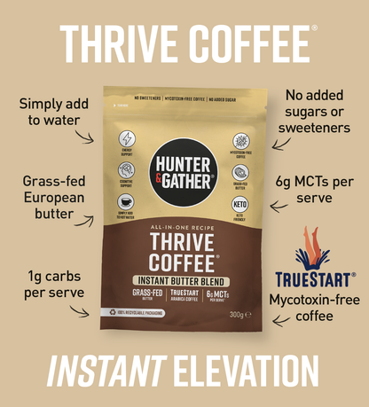gb-en,eu-en | Hunter & Gather Thrive Coffee package with product details on a beige background