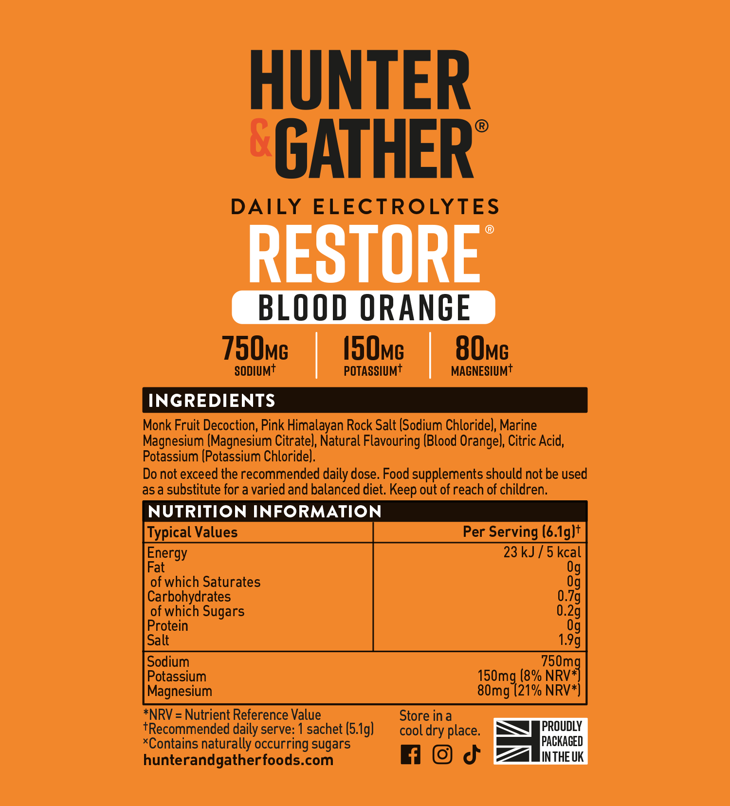 Hunter & Gather Daily Electrolytes Restore Blood Orange supplement label on an orange background