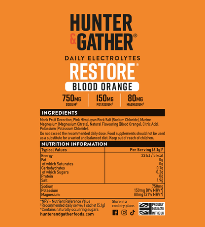 Hunter & Gather Daily Electrolytes Restore Blood Orange supplement label on an orange background