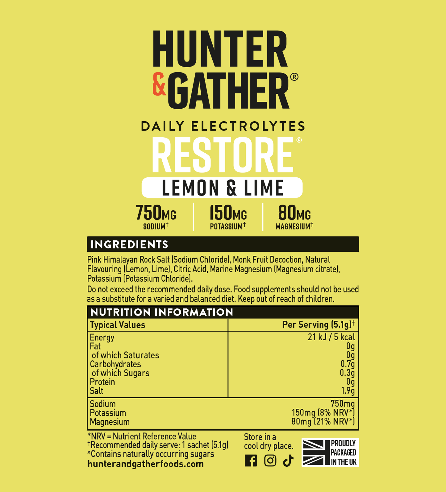 Hunter & Gather electrolyte supplement packaging with lemon and lime flavor on a yellow background