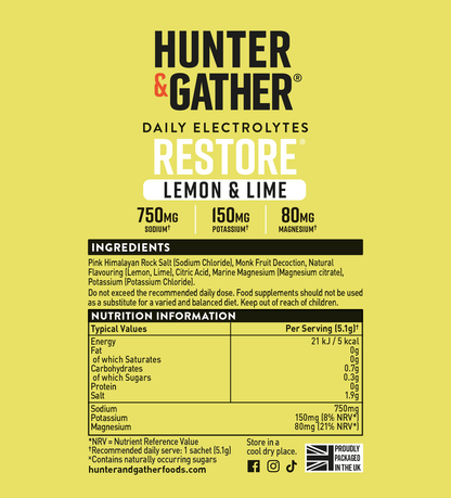 Hunter & Gather electrolyte supplement packaging with lemon and lime flavor on a yellow background