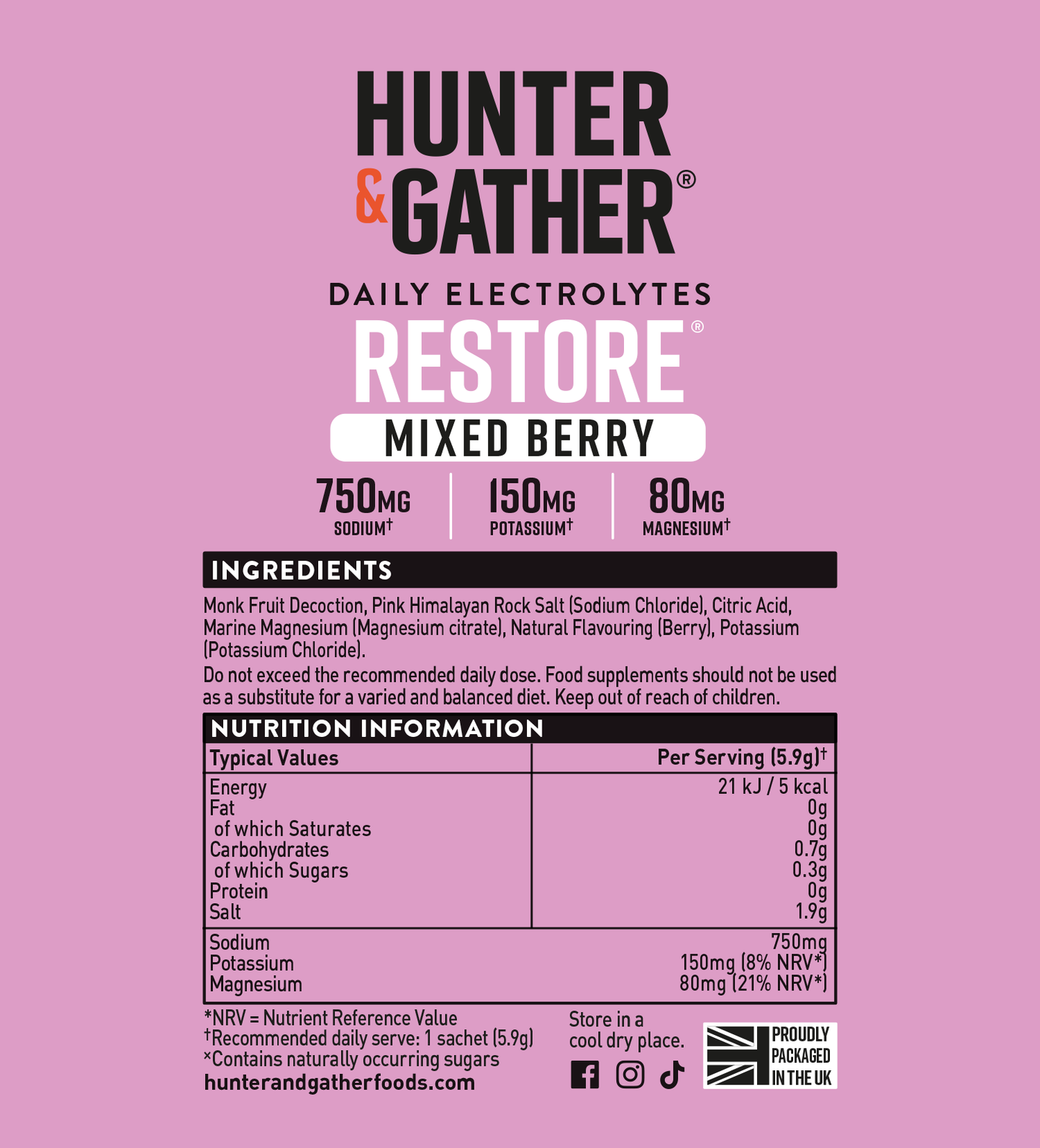 Hunter & Gather Daily Electrolytes Restore Mixed Berry supplement packaging with nutritional information on a pink background.