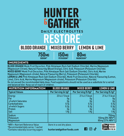 Hunter & Gather electrolyte supplement label with ingredients and nutritional information on a blue background