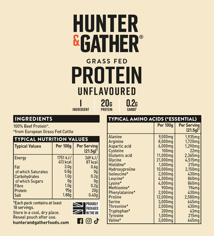 Hunter & Gather protein packaging with nutritional information and ingredient list.