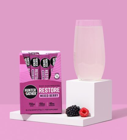 restore mixed berry new recipe with water glass with electrolytes