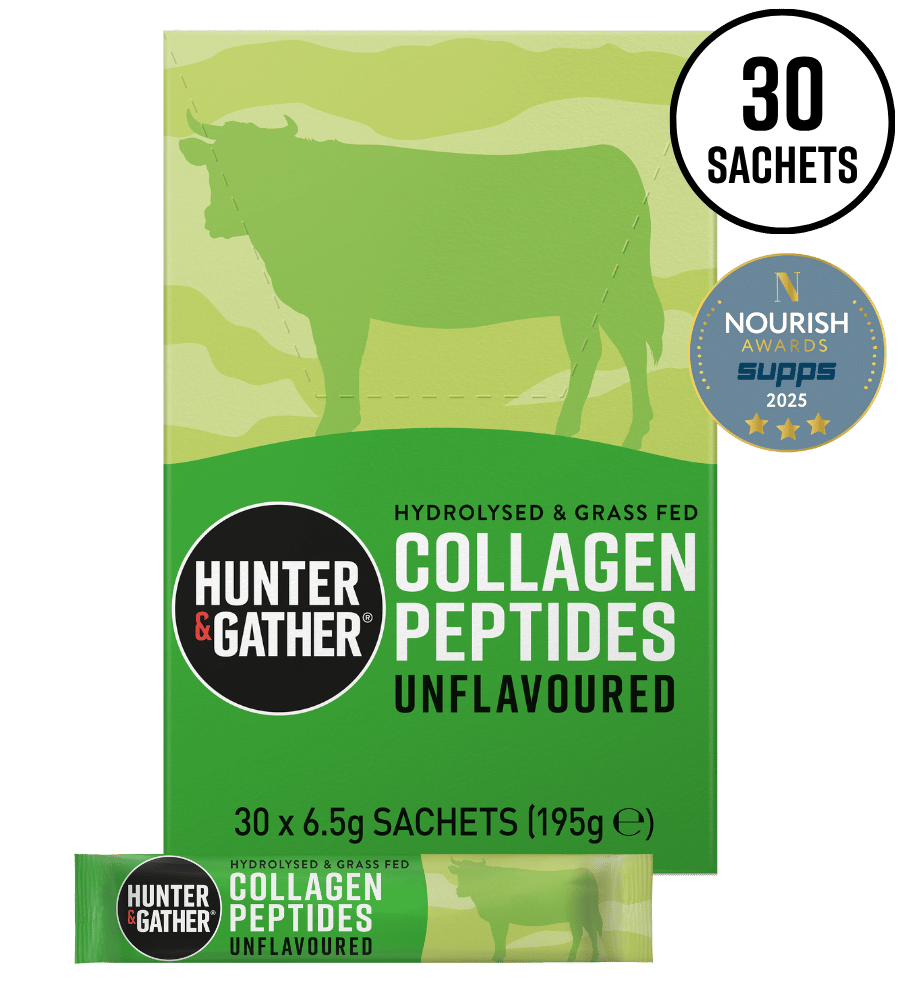 Hunter & Gather Collagen Peptides package with a green background and cow silhouette.