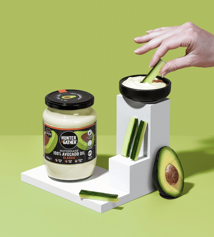 Cucumber Stick Dipping Into 630g Classic Avocado Oil Mayonnaise