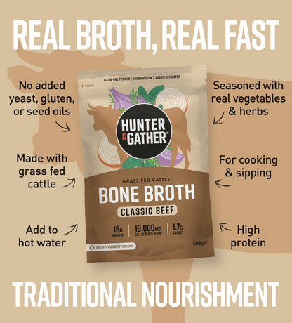 gb-en,eu-en | Hunter & Gather Bone Broth package with text highlighting features on a beige background