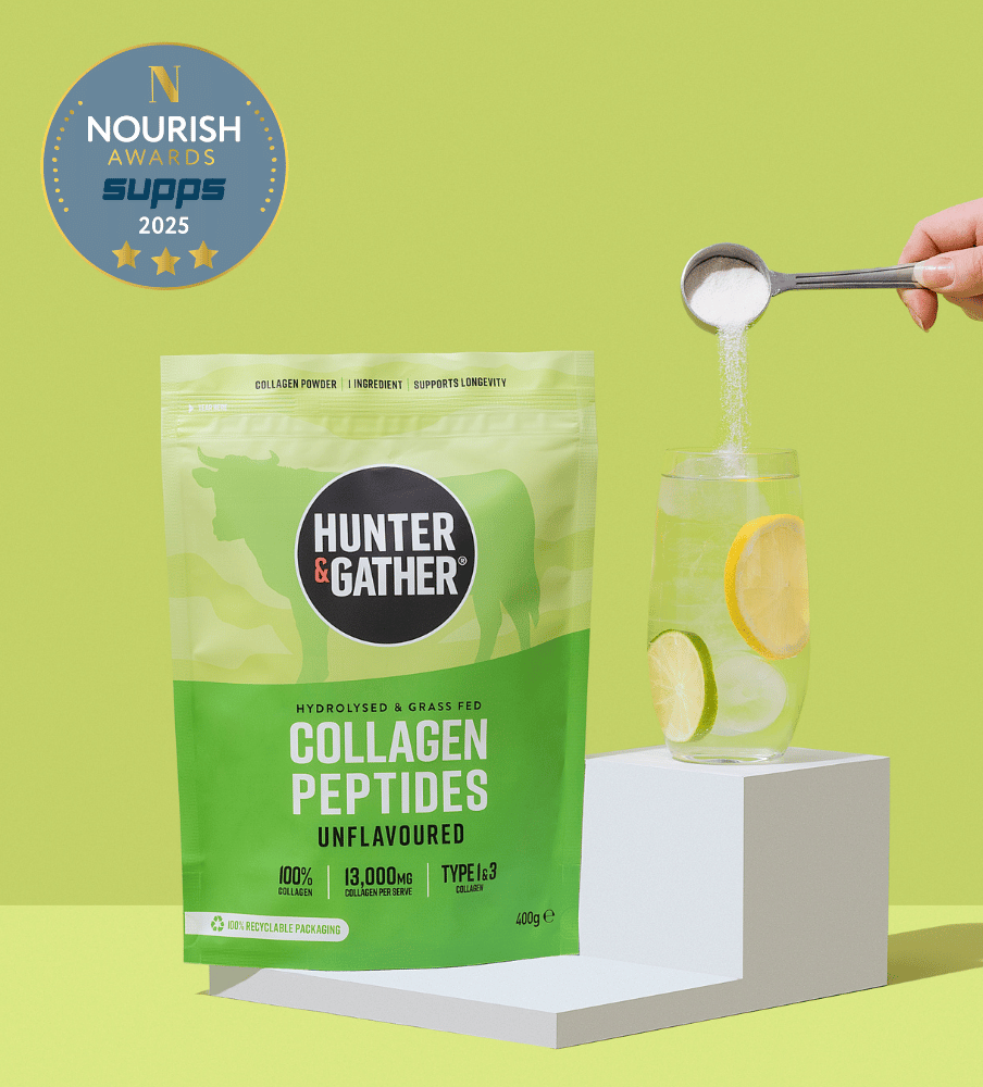 Hunter and Gather collagen peptides packaging with a person adding powder to a glass of lemon water on a green background.