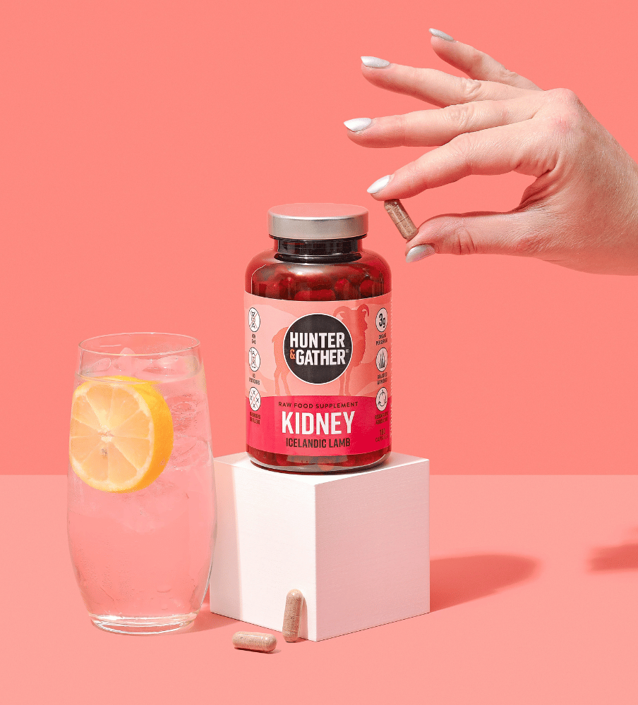 Raw Icelandic Lamb Kidney Capsule Lifestyle Shot with water