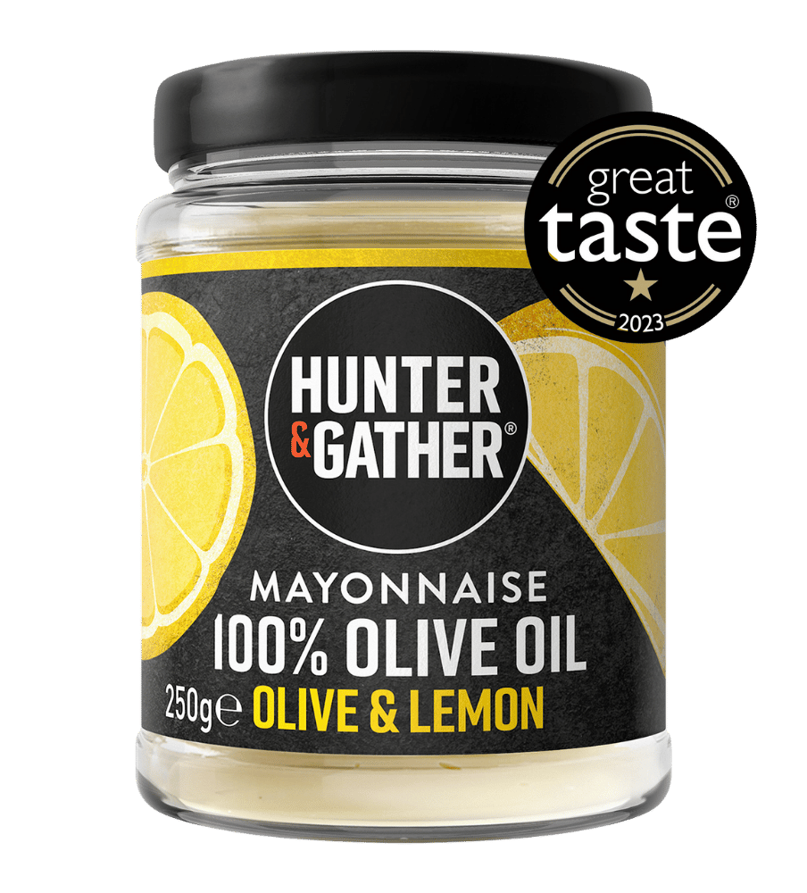 Jar of Hunter & Gather mayonnaise with olive oil and lemon flavor, featuring a Great Taste award badge.