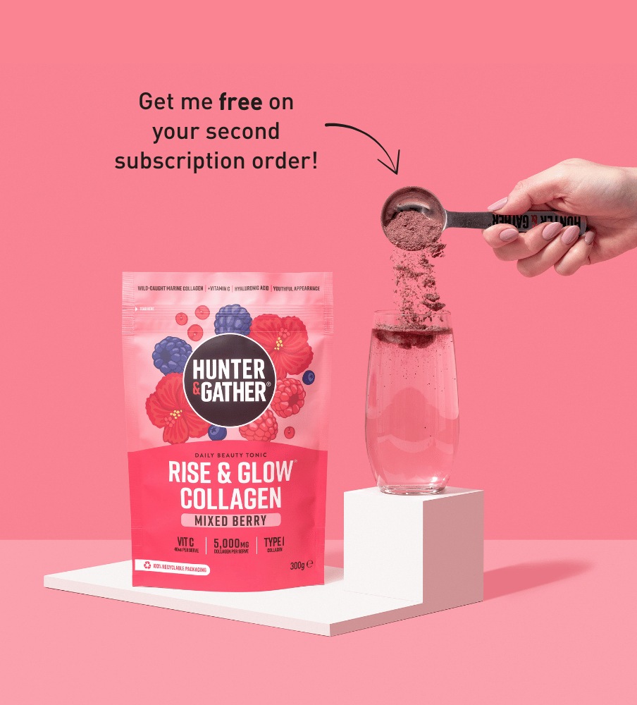 gb-en | Hunter and Gather Rise & Glow Collagen package with a hand pouring powder into a glass on a pink background.