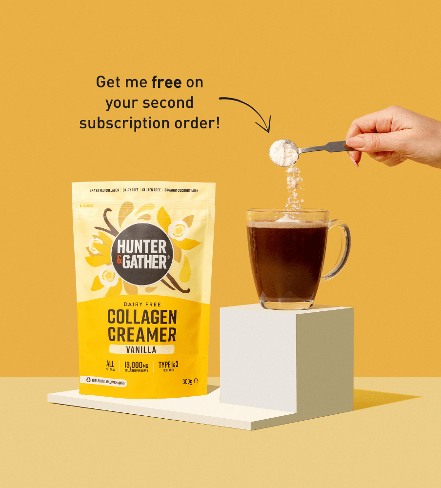 gb-en | Hunter and Gather Collagen Creamer package with a hand adding creamer to coffee on a yellow background